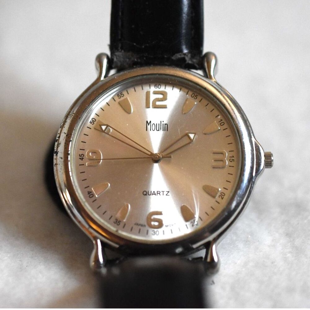 Vintage Moulin Quartz New Battery Works Black Leather Band Silver Tone Watch